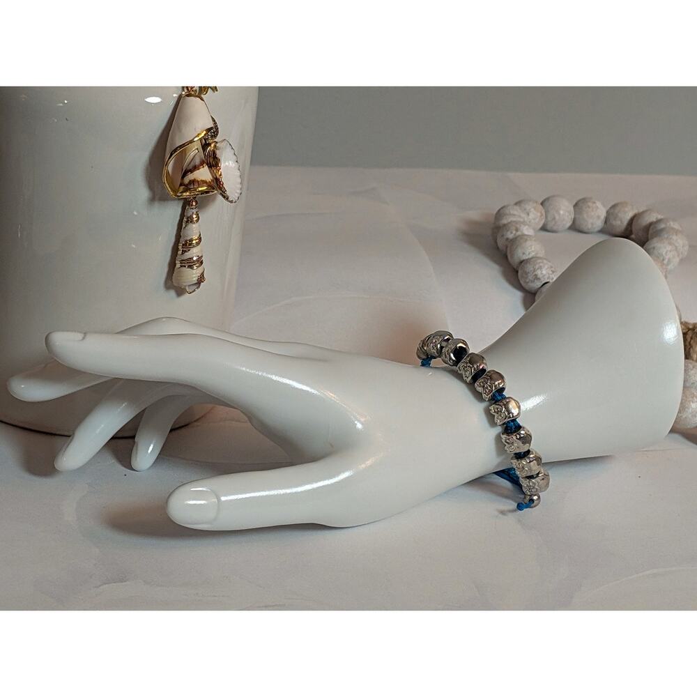 Cute Vintage 2000s Teal Blue Silver-Tone Owl Bead Paracord Adjustable Bracelet
